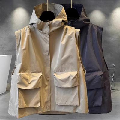 Cargo Waistcoat with Hood Sleeveless Zipper Placket Solid Color Vest Coat with Pockets Loose Fit Solid Color Street Style Waistcoat