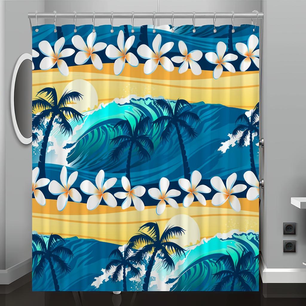 Tropical Beach Scene Shower Curtain, Ocean Waves & Palm Trees Design,  Machine Washable, Reversible Polyester Bathroom Decor