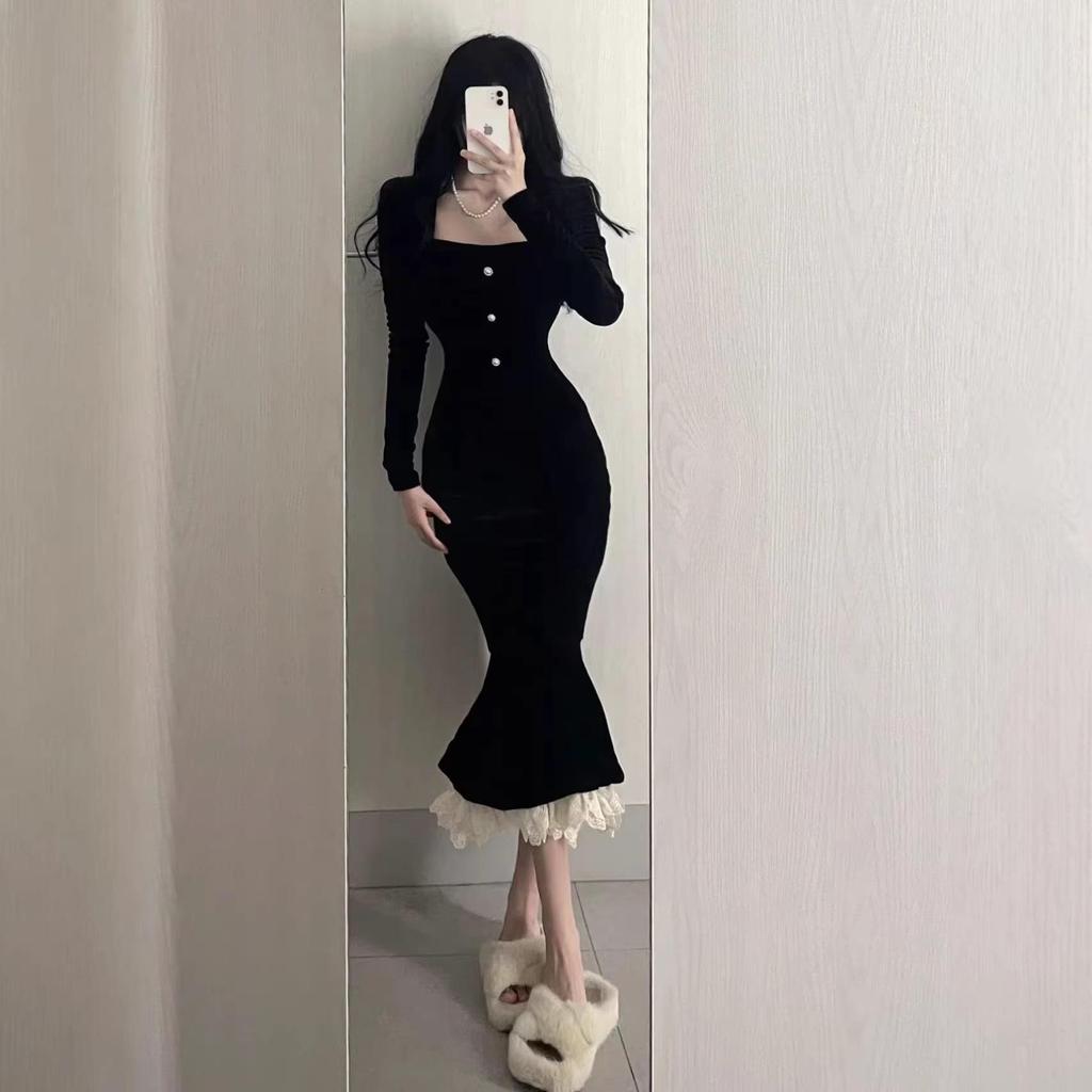 2026 High-End Autumn Mermaid Skirt with Ruffles Slim-Fit Retro Drape Dress for Women