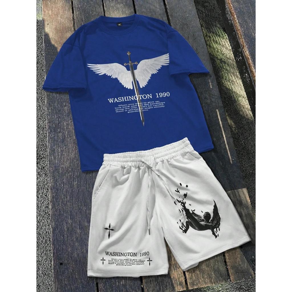 2026 Summer New Unisex Short-Sleeved Shorts Set with 3D Wings Pattern Print for Street Casual Fashion Comfortable and Soft