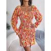 Women's Autumn/winter Sexy Square Collar Print Long Sleeve Ruffled Hip Wrap Dress