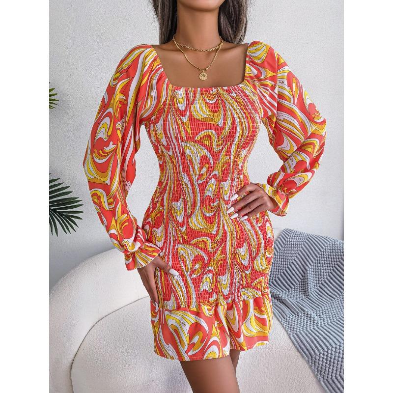 Women's Autumn/winter Sexy Square Collar Print Long Sleeve Ruffled Hip Wrap Dress