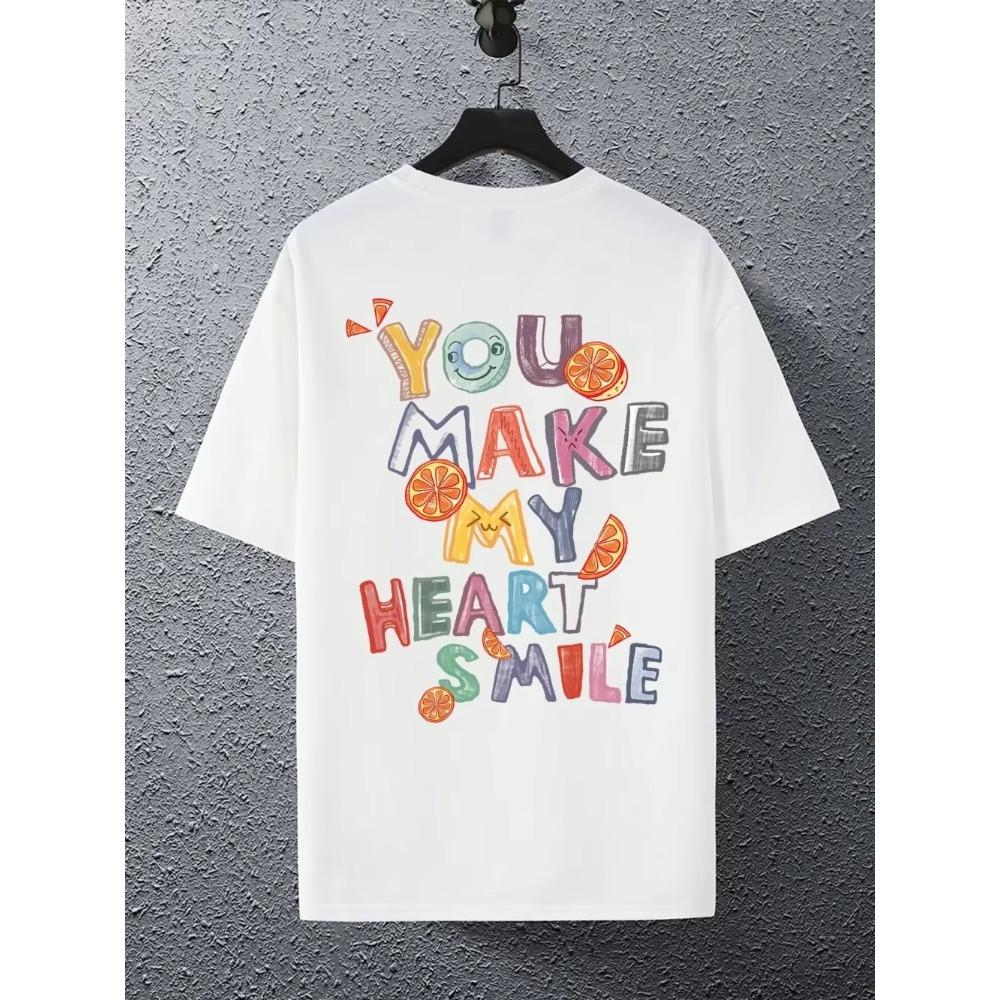 

Футболка с надписью «Ты заставляешь мое сердце улыбаться» с рисунком фруктов и букв, мужская свободная повседневная летняя футболка с коротким рукавом в стиле Харадзюку, дышащие хлопковые футболки S