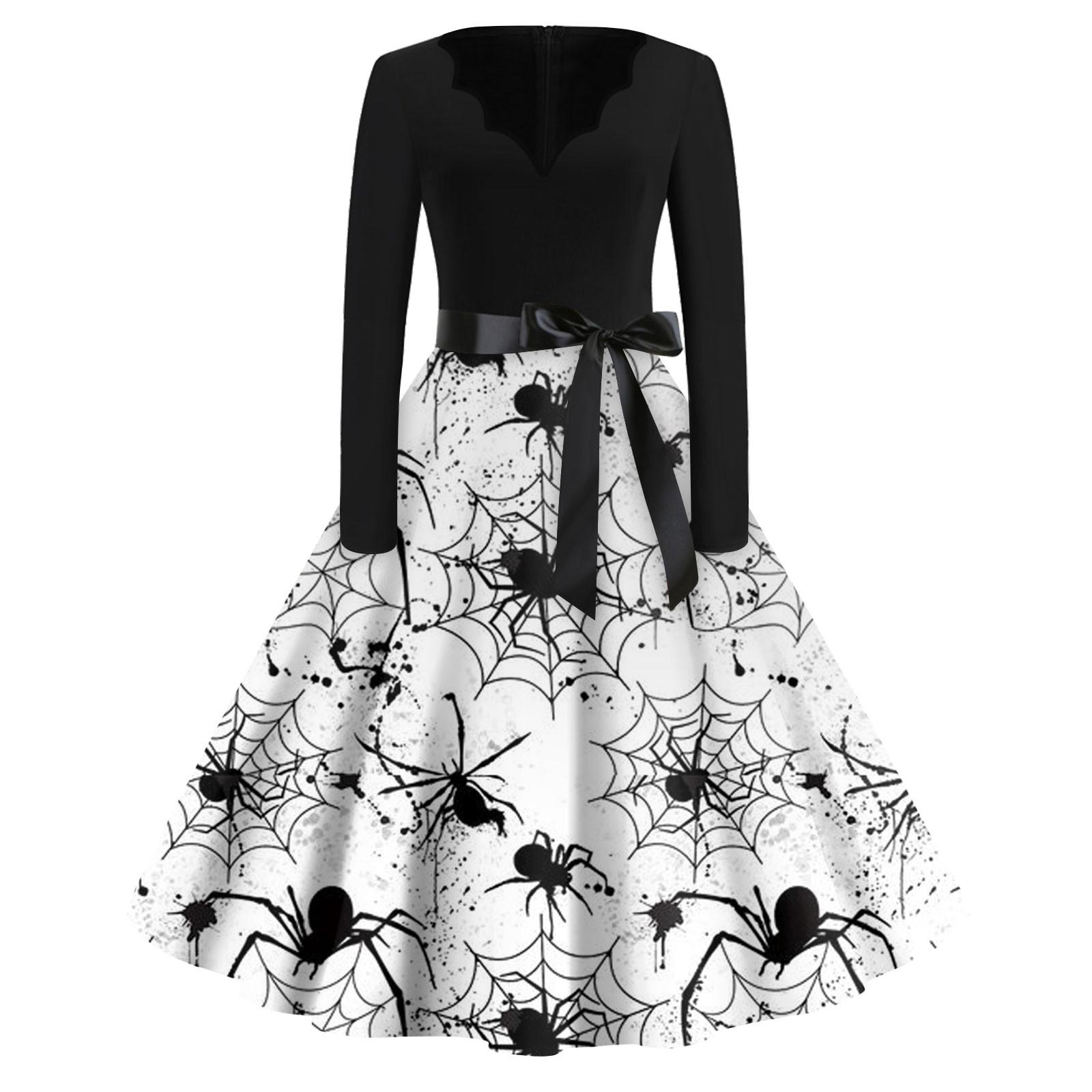 

Женская мода с v-образным вырезом, повседневные тонкие платья с длинными рукавами и принтом на Хэллоуин L белый