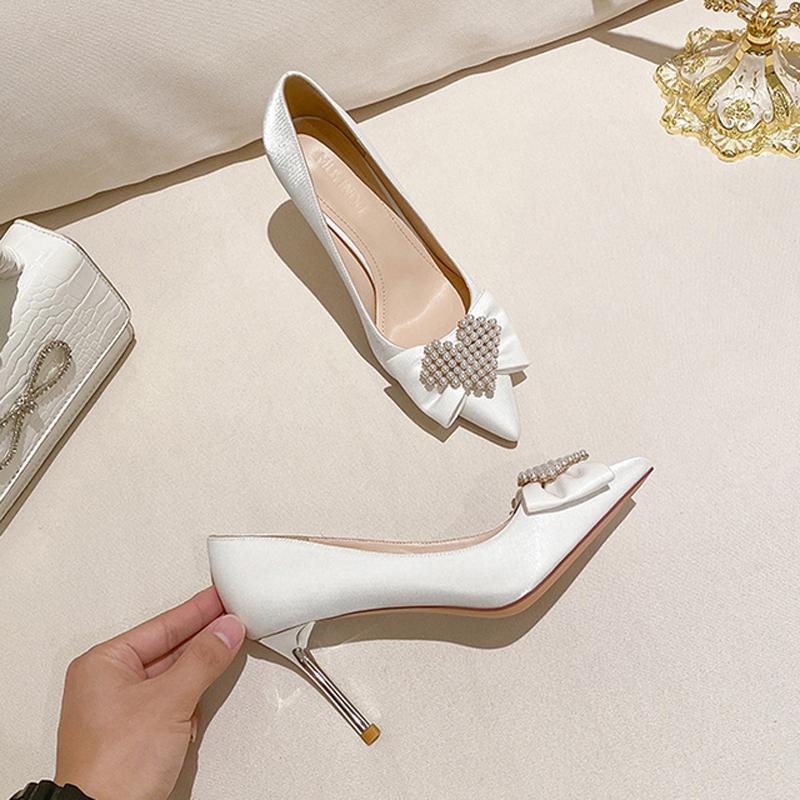 Designer Pearls Heart Satin Pumps Women Stiletto High Heels Sexy Pointed Toe Party Dress Pumps White Wedding Shoes Bride