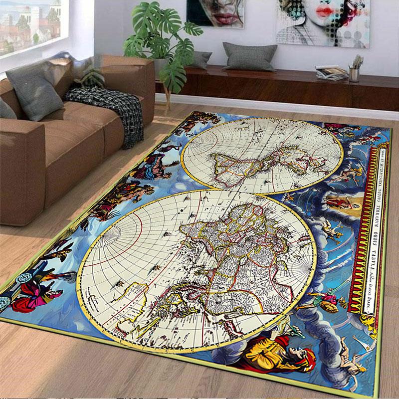 Antique World Map Carpet suitable as a non-slip mat for the living room or bedroom sofa