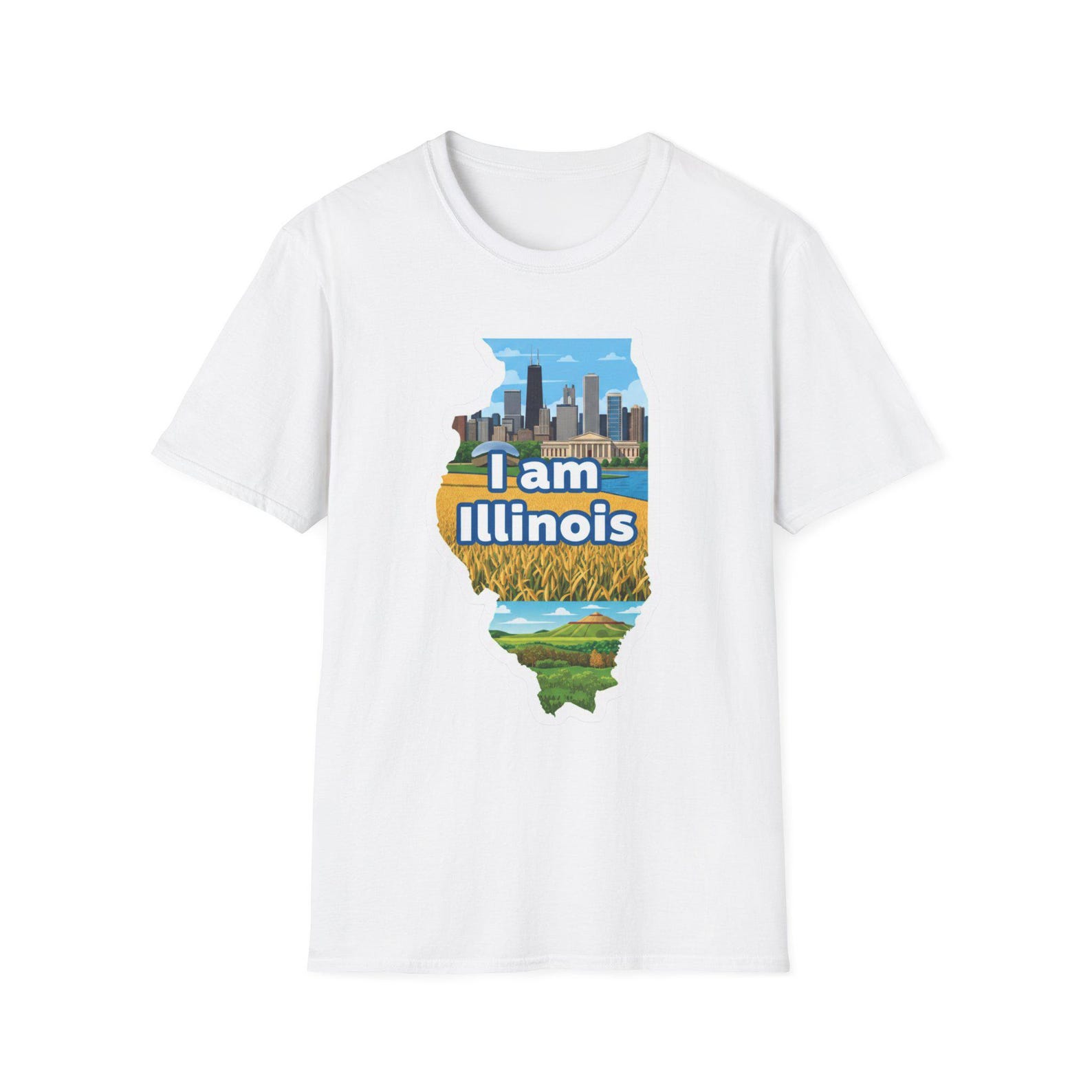 I Am Illinois T-Shirt | Illinois State Map Skyline and Farmland Design 4XL