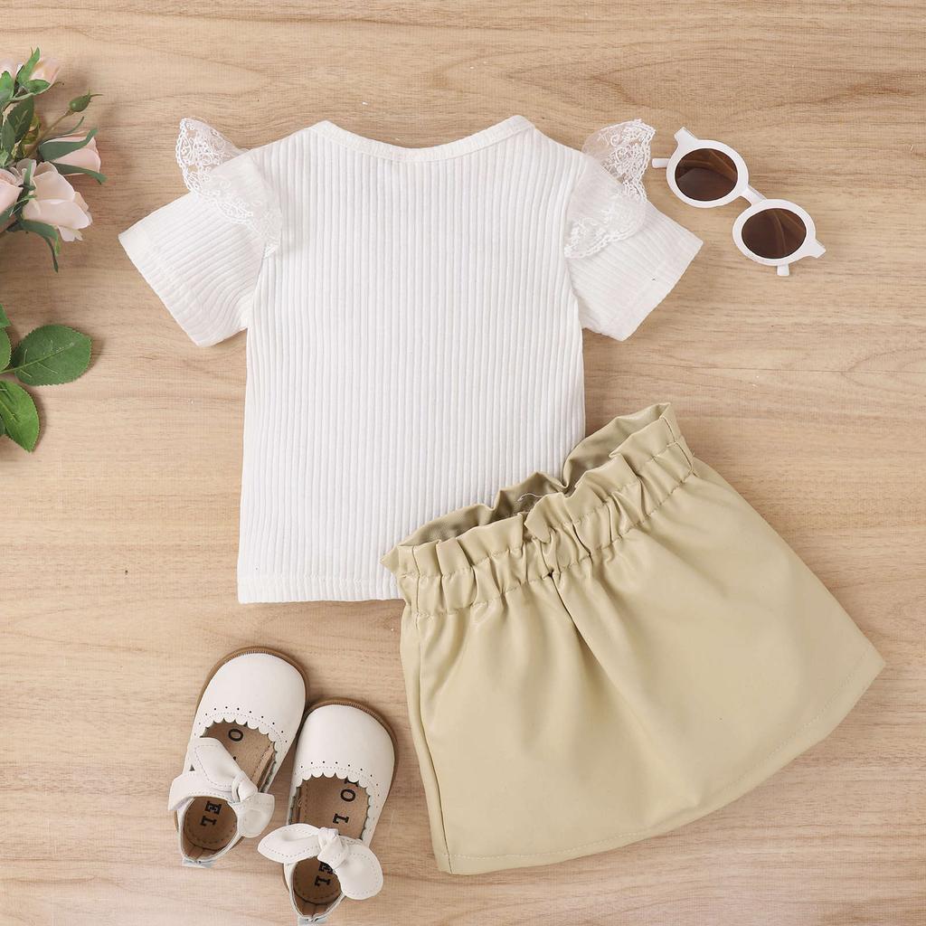 Girls' Fashion Set Spring and Summer Children's Casual Lace Short-sleeved and Leather Short Skirt Two-piece Set