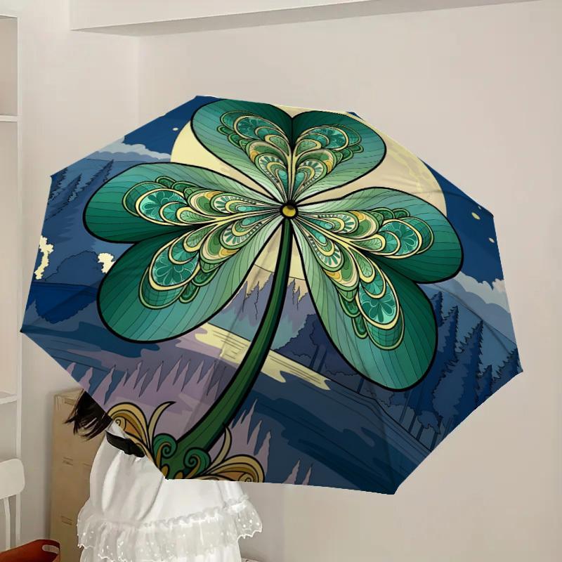 1pc Four-Leaf Clover with Forest Scene Umbrella with Plastic Handle,Suitable for All Seasons Home Travel Outdoor UmbrellaDD1171
