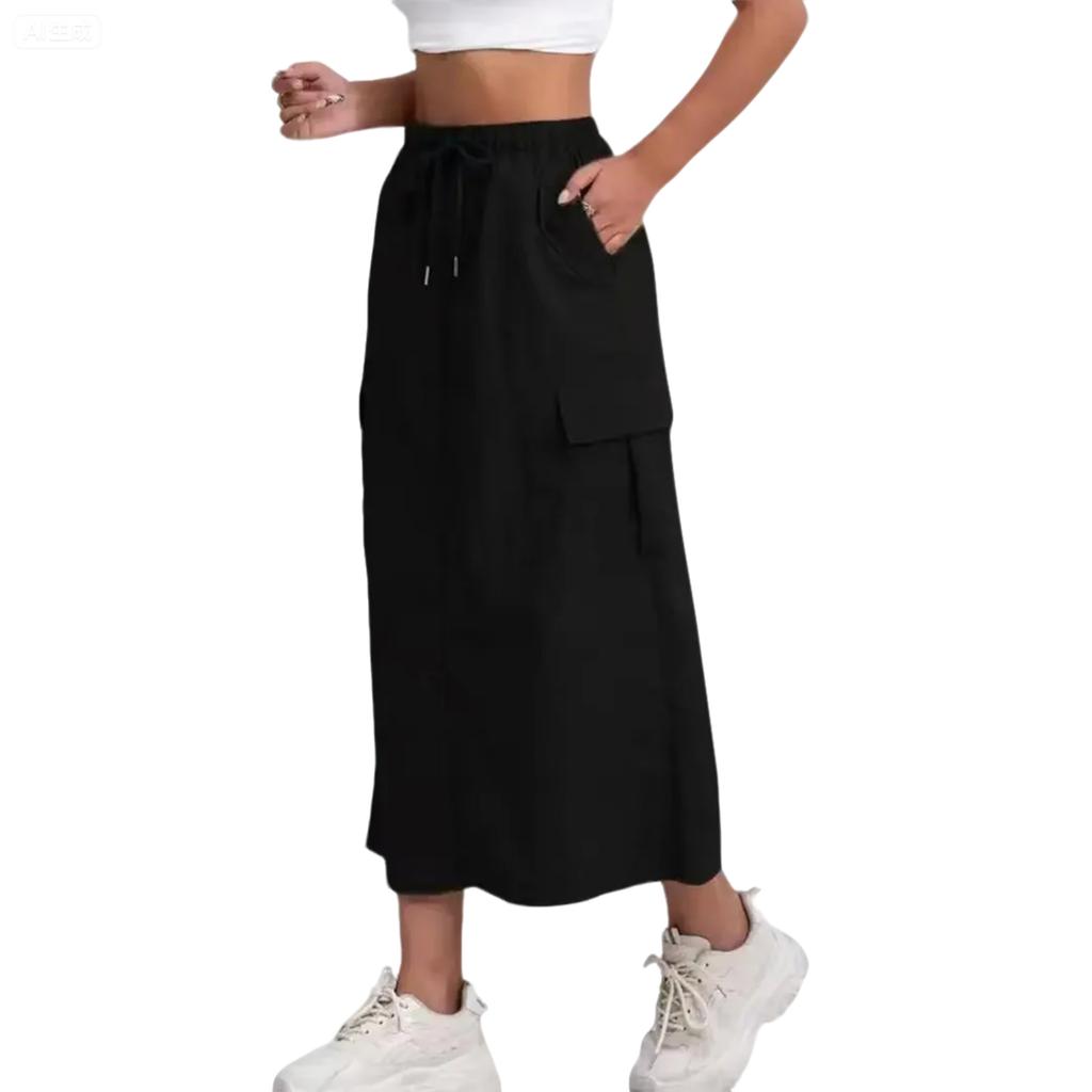 Women's Fashionable Solid Color Drawstring Elastic High Waisted A-line Pocket Back Slit Skirt