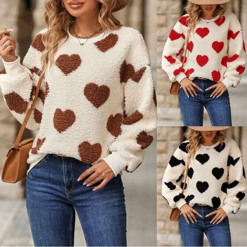 

2025 Plush Love Printed Loose Round Neck Hoodie Khakis Heart M