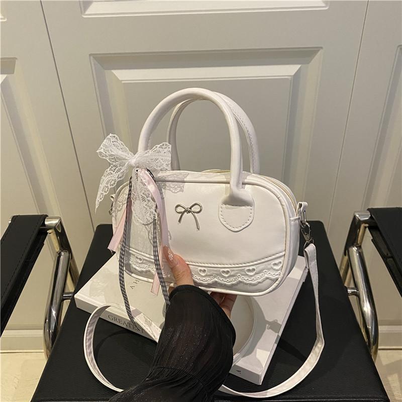 Simple Solid Color Silver Bow And Lace Decoration Women Casual Shoulder Bag For Daily Use