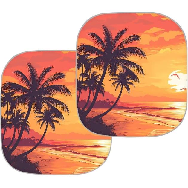 Dreaweet Hawaiian Sun Visor for Car Windshield 2 Piece Sunset Beach Palm Tree Car Window Shades Blockout Sun Shade for Car Window Front Windshield