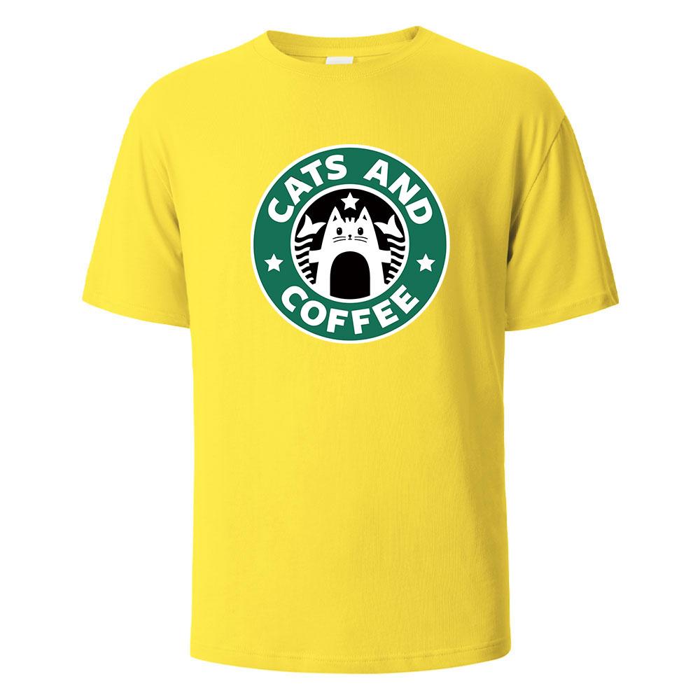 Cats And Coffee Street Funny TShirt For Men Fashion Casual Loose Cotton Clothing Crewneck Breathable Tshirt Hip Hop Tees