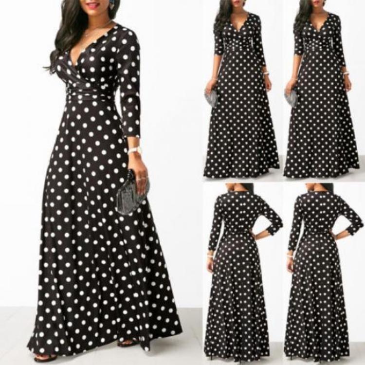 Elegant Polka Dot Maxi Dress Women Long Sundress 3 4 Sleeve Beach Party Evening Holiday