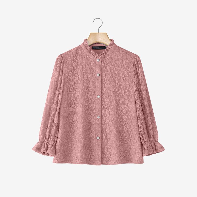 ZANZEA Women Casual Stand Collar 3/4 Sleeve Patchwork Lace Blouse