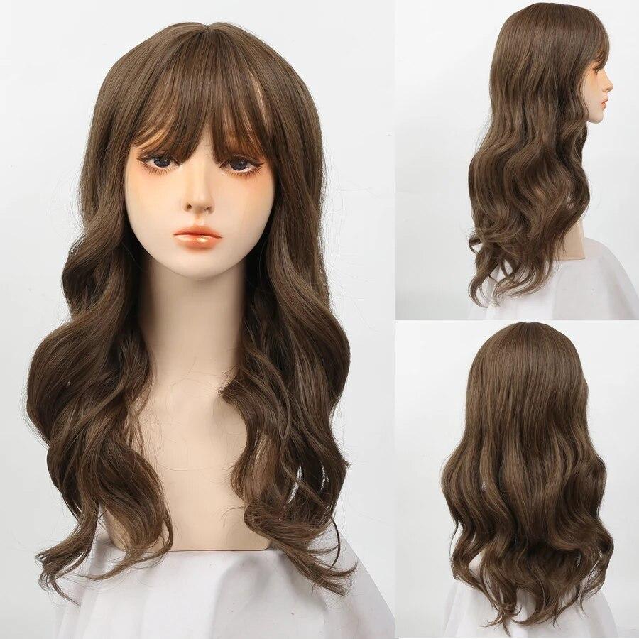 Synthetic Natural Black Wigs Long Wavy Wig for Women with Bangs Halloween Party Daily Heat Resistant Fibre Hair Wigs