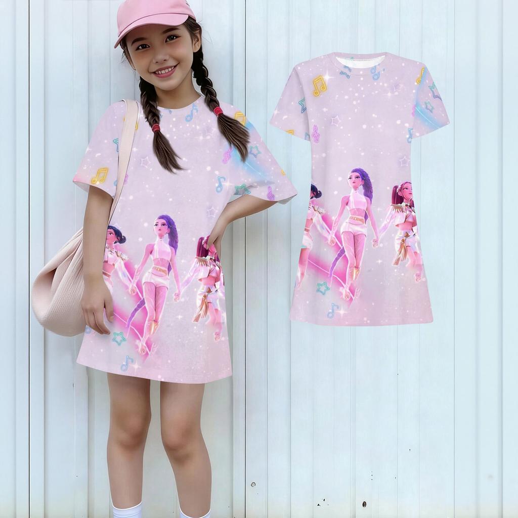 Girls Print Casual Dress Kids Loose Round Neck Short Sleeve Thin Sundress