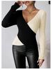2025 Elegant V-neck Color Block Knitted Sweater - Women's Autumn/Winter Long Sleeve Top