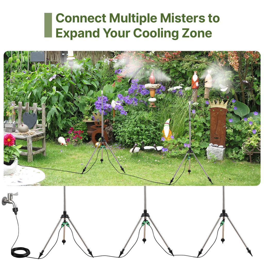 Outdoor Water Misting Cooling System 4 Heads 26Ft/8M Line 360 Degree Tube 3/4 Hose Plug Misters