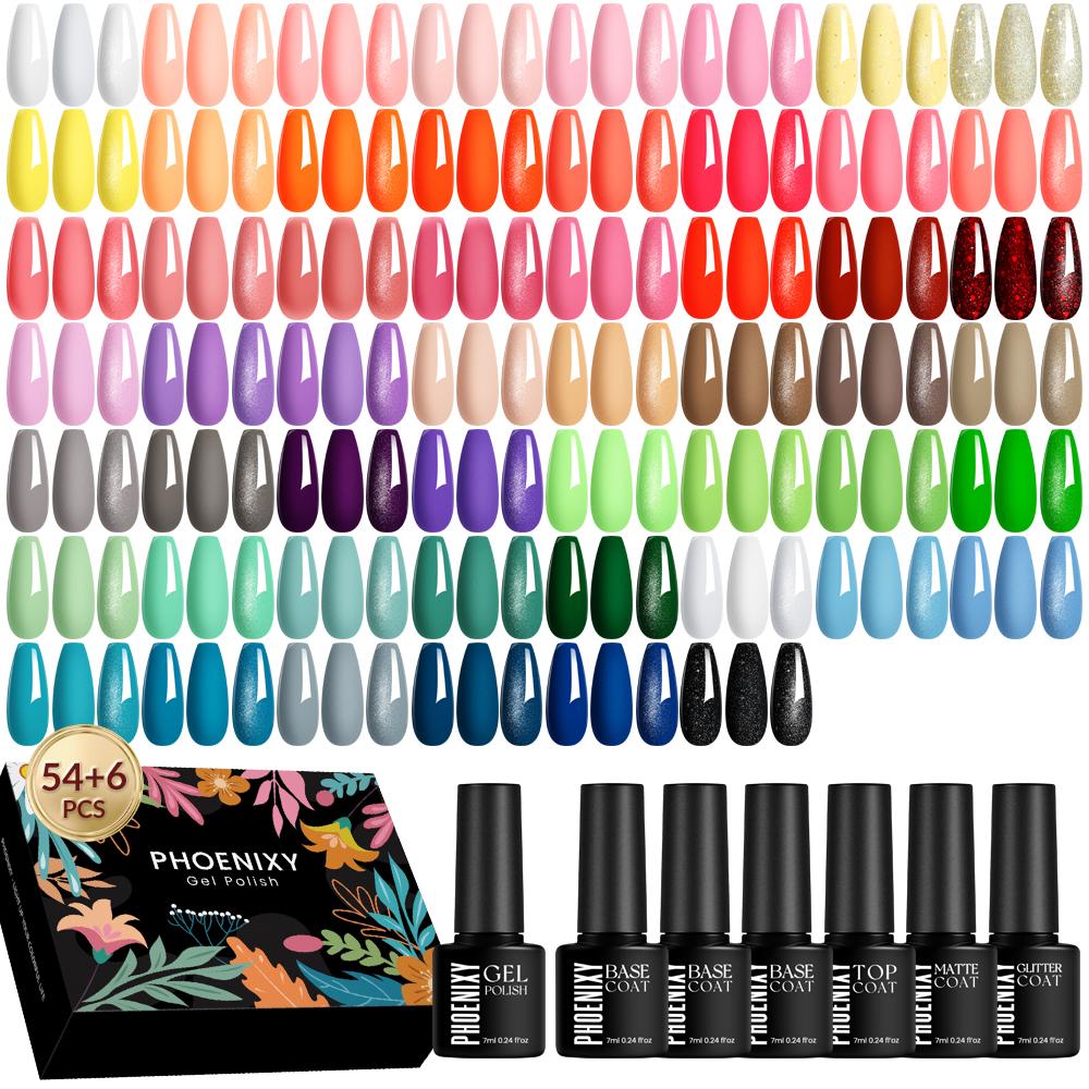PHOENIXY 60 PCS Gel Nail Polish Set with Base and Glossy Glitter Matte Top Coat Soak Off Gel Nail Set Suitable for All Seasons Gel Polish Gifts