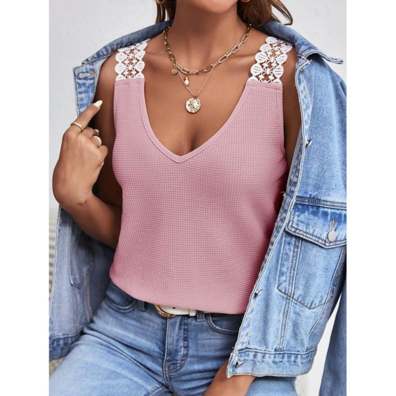 Womens Waffle Knit V Neck Tank Top With Lace Trim Sleeveless Casual Solid Color Camisole
