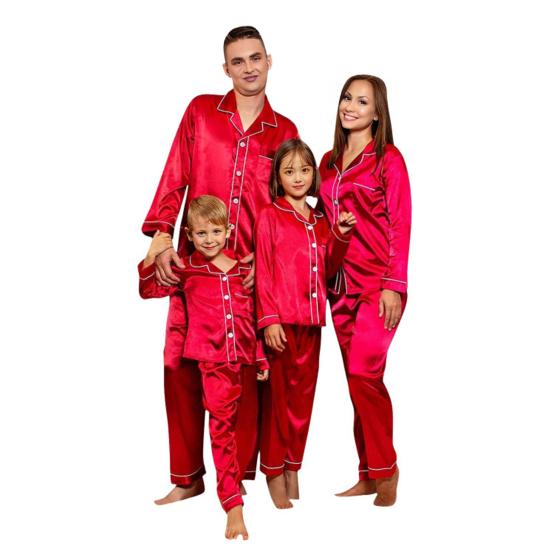2Pcs/Set Christmas Pajamas Set Family Matching Xmas Pajamas Set Solid Color Smooth Fabric Festive Family Sleepwear