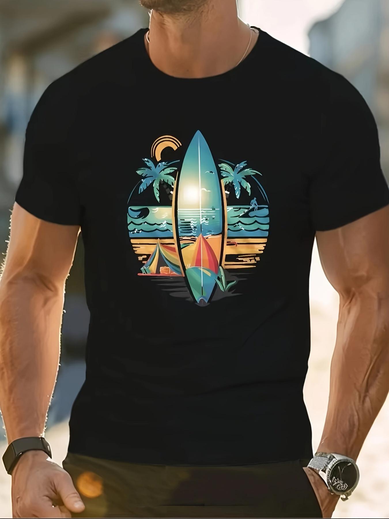 Mens fashionable casual surfboard printed roundneck shortsleeved polyester Tshirt summer new sporty top S