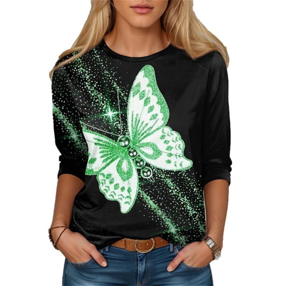 Women's Butterfly Glitter T-shirt Fashion Long Sleeve Round Neck Regular Top Spring and Autumn Clothing