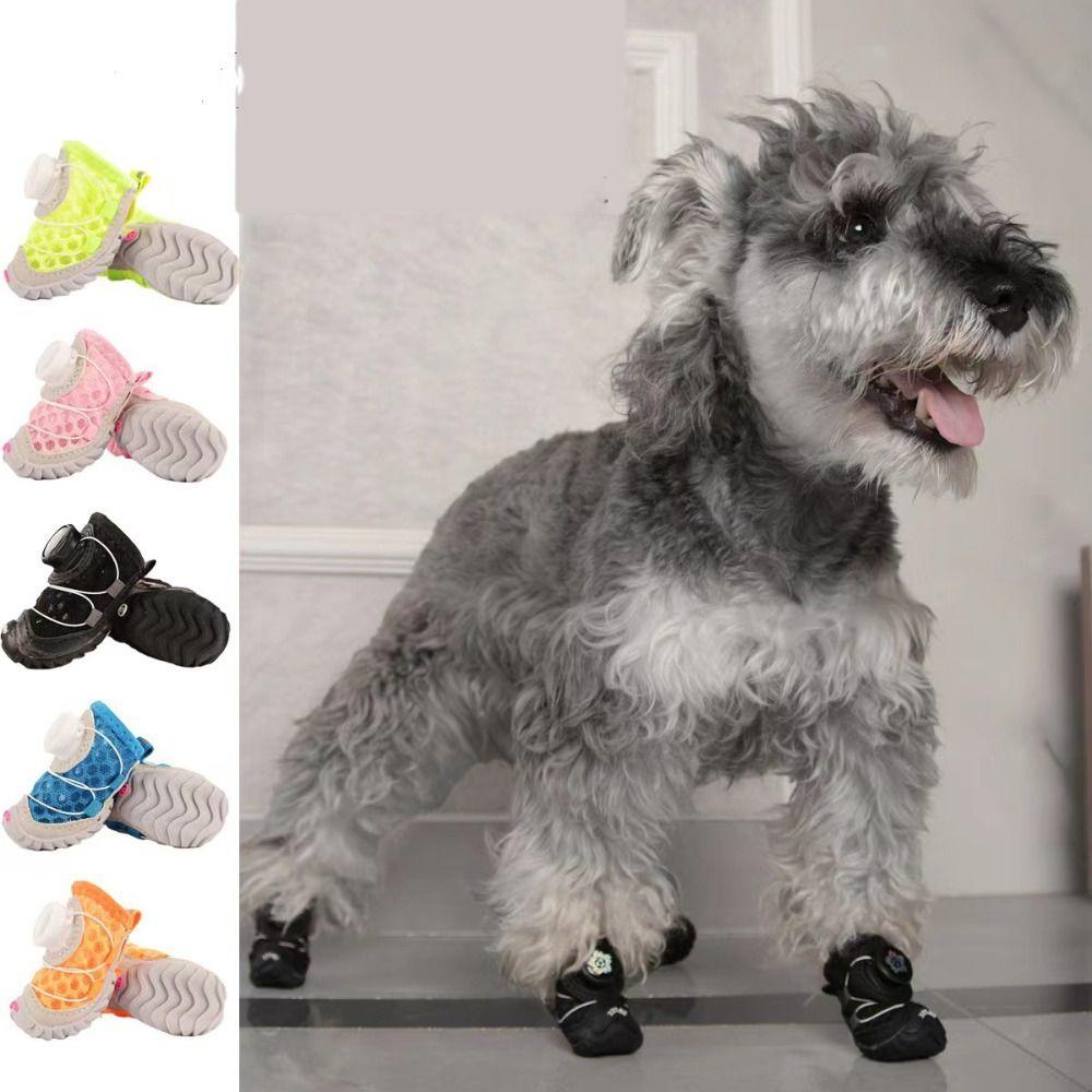 4pcs/set Breathable Dog Mesh Shoes Reflective Dog Footwear Pet Boots Summer Season