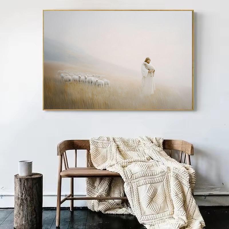 Watercolor Jesus and Landscape Christian Bible Verse Shepherd Poster Canvas Painting Wall Art Pictures Home Living Room Decor