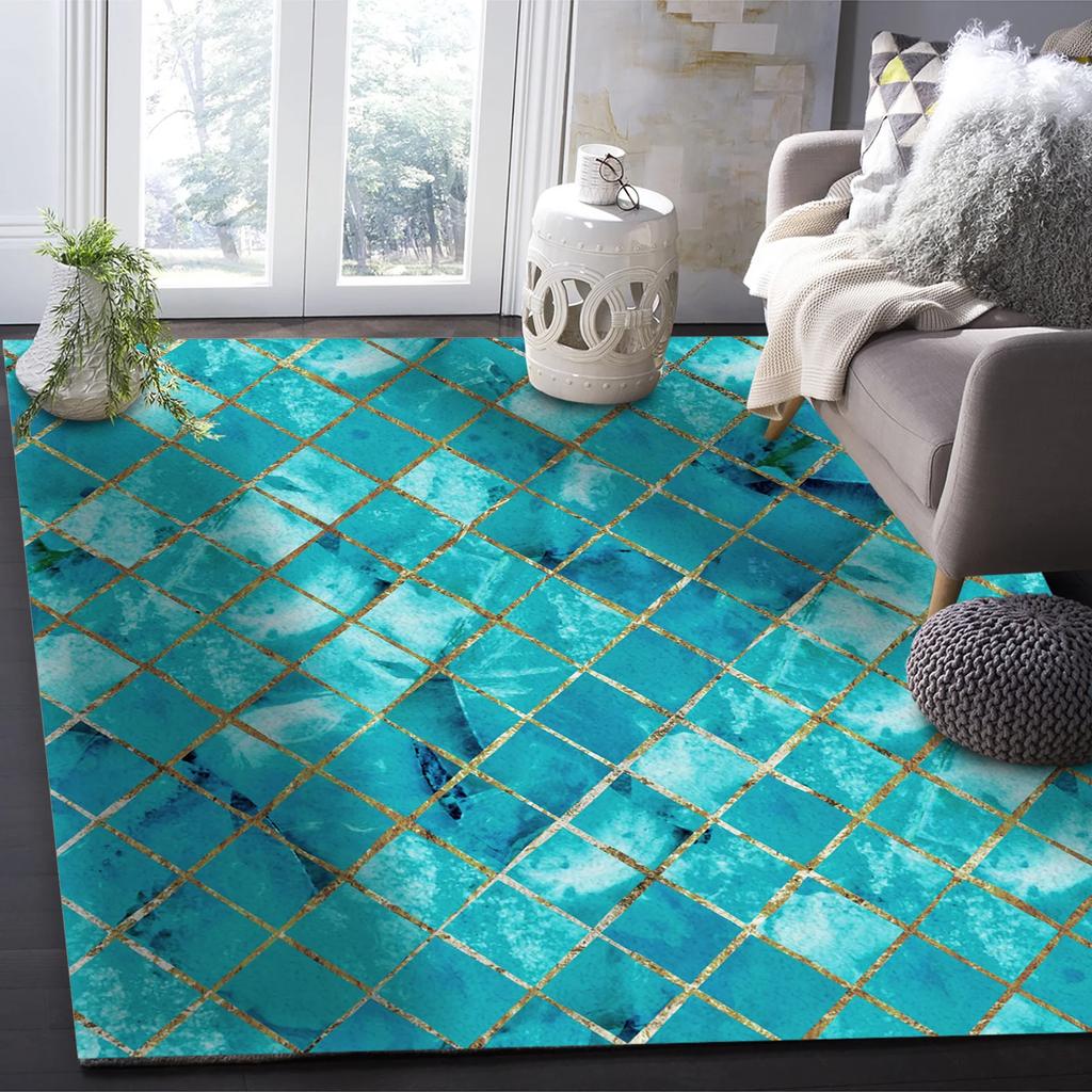 Turquoise Marble Lattice Textured Carpets for Living Room Household Bedside Rug Sofa and Coffee Table Blanket Office Floor Mats