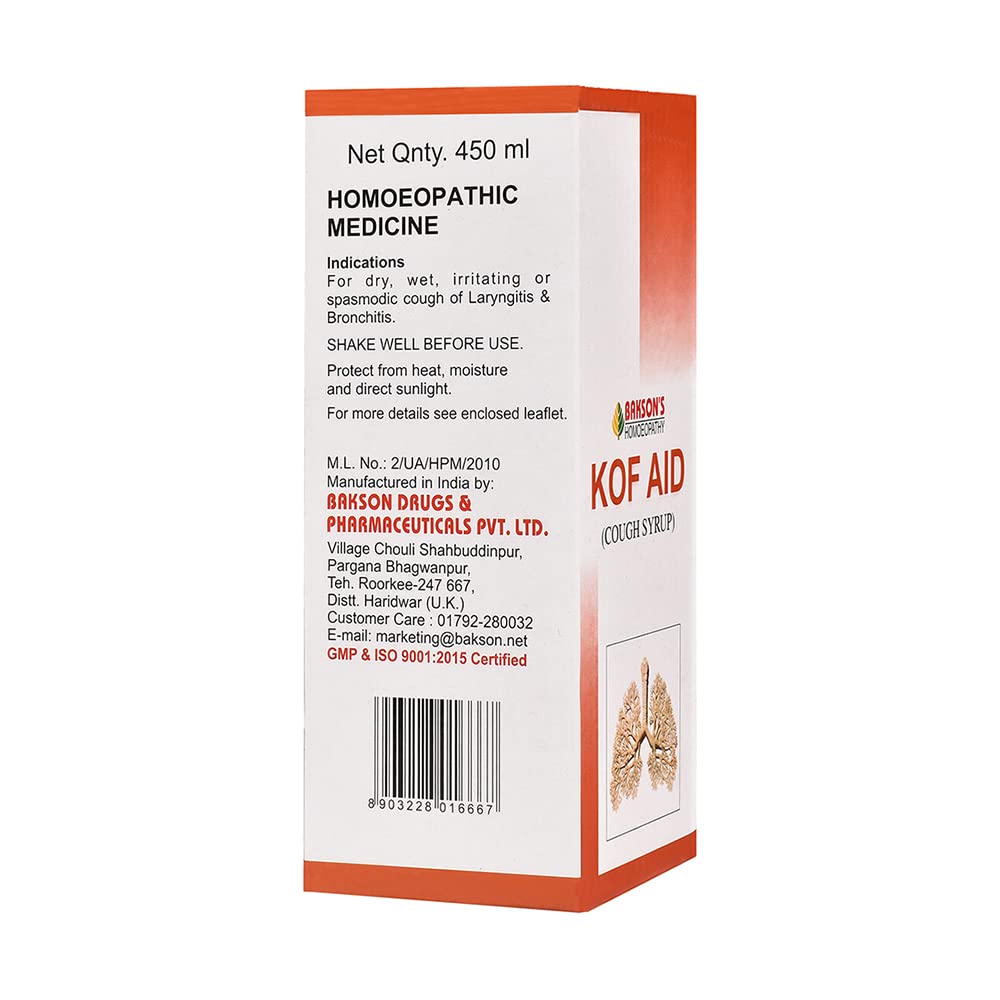 Bakson 's Homoeopathy Kof Aid Syrup 450 Ml Pack of 1 | Gentle Relief for Dry & Wet Cough