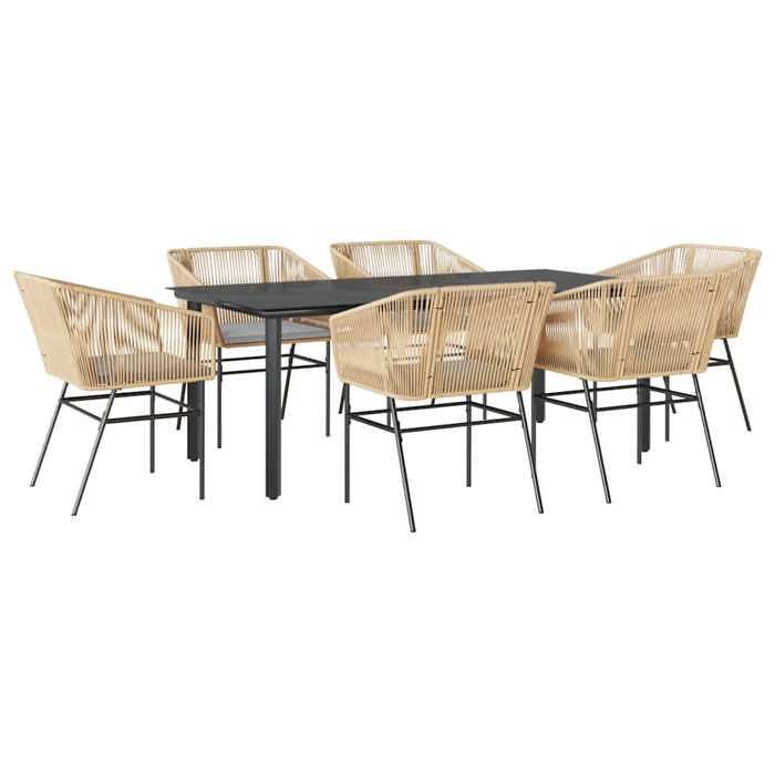 VidaXL Ensemble à manger jardin coussins 7pcs marron poly rotin verre, ensemble de salle à manger d'extérieur 3334623