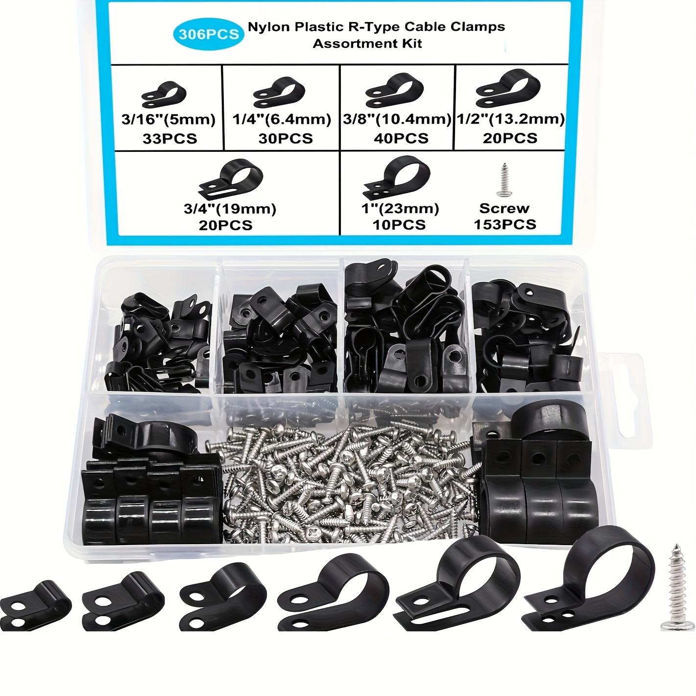 

306pcs Heavy-Duty Black Cable Clamps - R-Type 6 Sizes (3/16 , 1/4 , 3/8 , 1/2 , 3/4 , 1 ) - Heavy-Duty Nylon Plastic & Metal Construction 306pcs