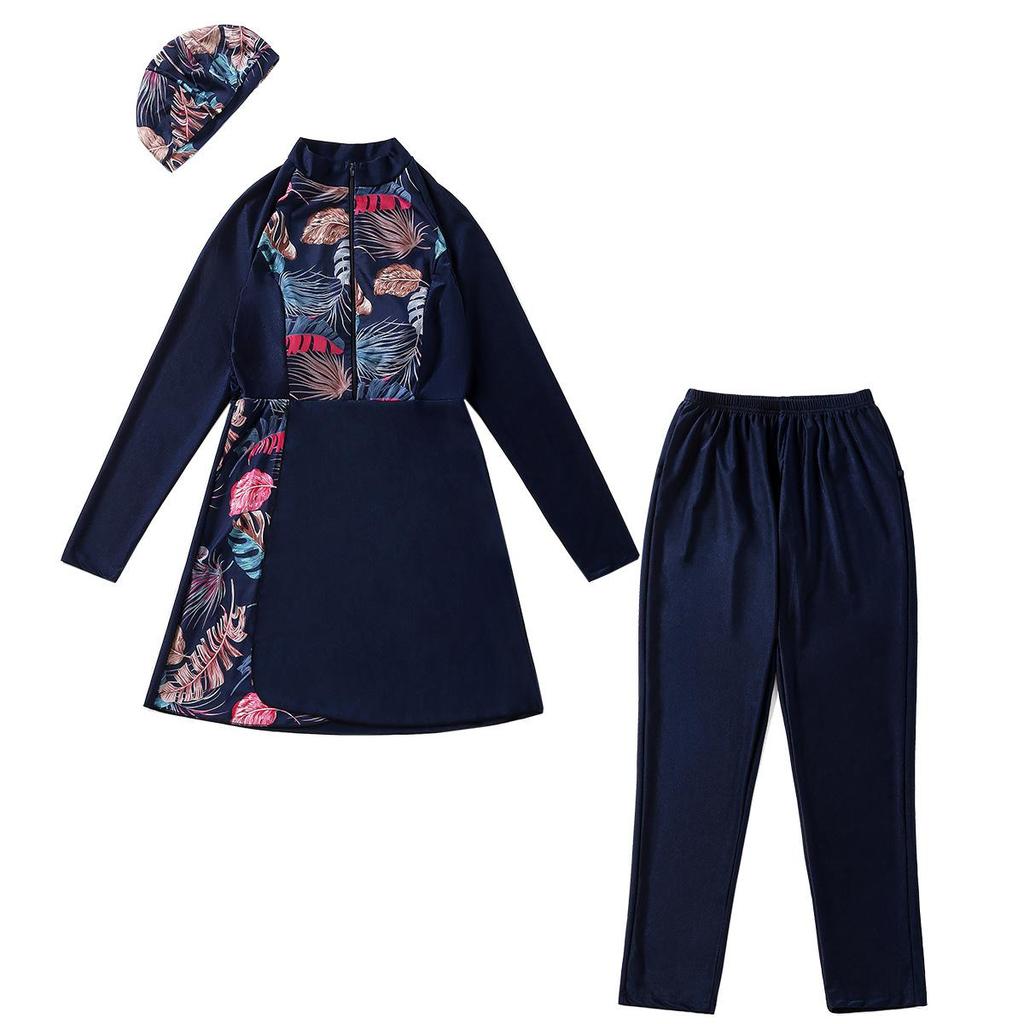 Women Printing Swimwear Muslim Bathing Suit with Cap Long Sleeve Swimsuit Full Coverage Swimming Suit 3 Pieces Sun Protection