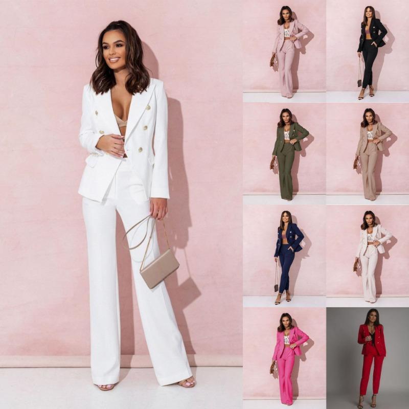 Ladies Solid Color Lapel Professional Suit Temperament Elegant Double-breasted Suits Women's Two-piece Set