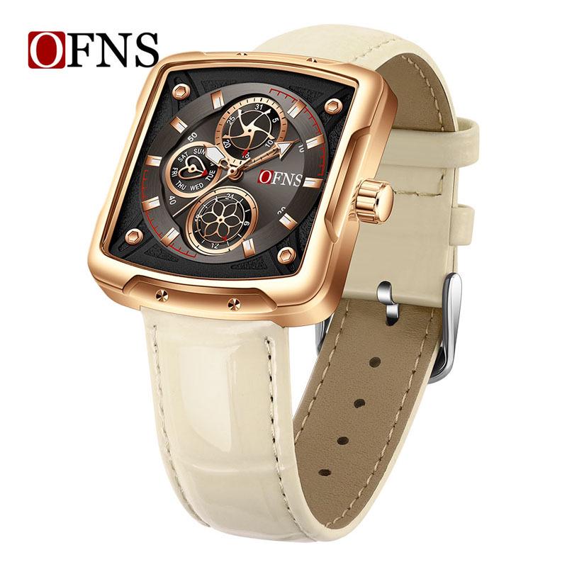 Oufanny Women s Trendy Square Quartz Watch - Luminous, Six-Hand Design, Waterproof, Cool Cowhide Strap.