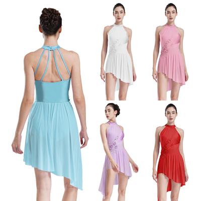 Robe de danse lyrique de ballet pour femmes pour le patinage artistique, dos nu, bretelles, ourlet asymétrique, strass brillants, robe justaucorps