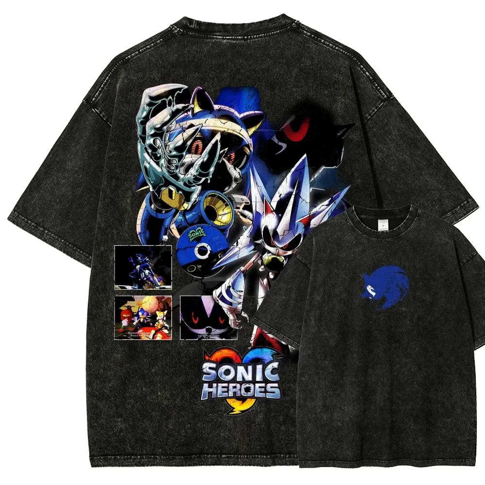 

Classic Anime Manga Games Sonic Peripherals Print T-shirts Fashion Loose Oversized Tee Men Women Retro Washed Cotton Tops S