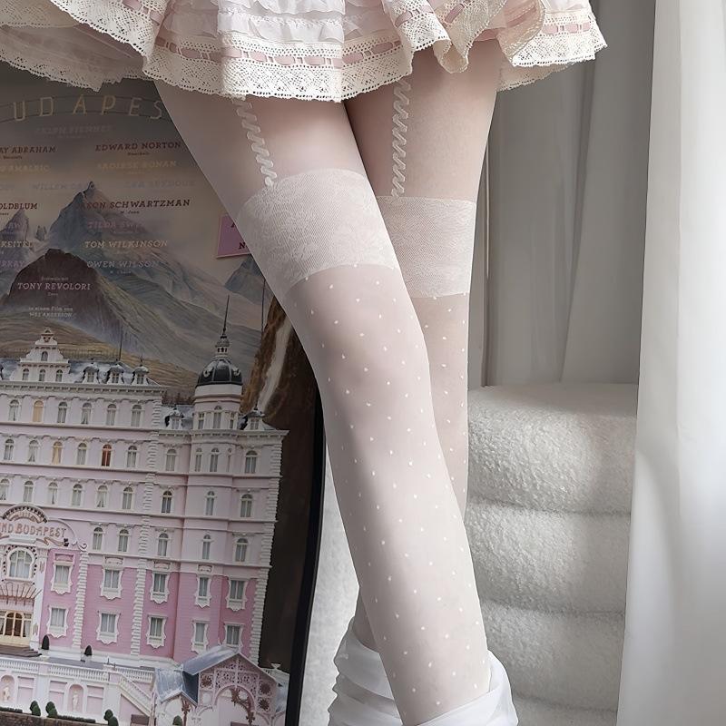 Jacquard Fake Suspender Stockings Women'S One-Piece Socks Pure Desire White Contrasting Long Tube Dotted Bottom Pantyhose Lolita