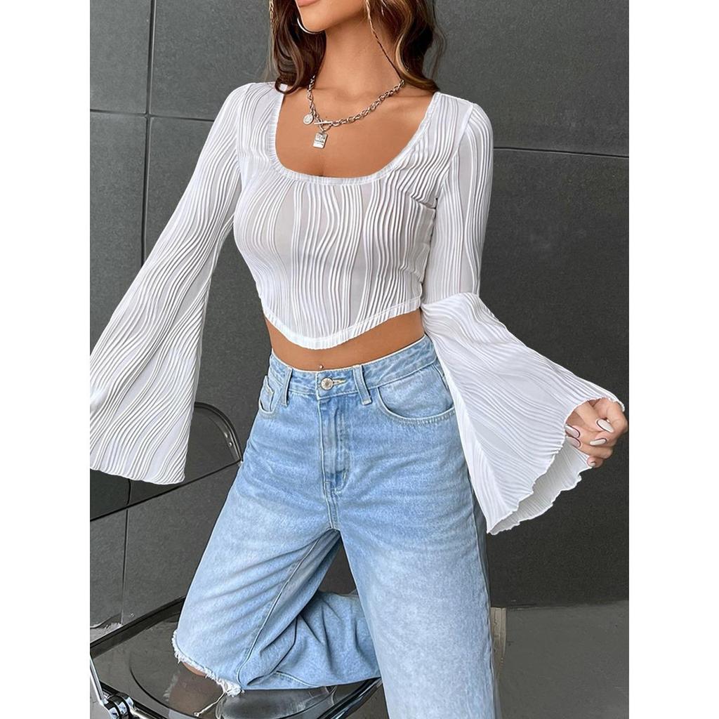 Women's Slim Fit Long Sleeve Solid Color T-shirt, U Neck Flare Cropped Short Sleeve Top, Fashion Casual Streetwear for Women