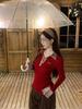 Women's Red Plaid Polo Collar Faux Two-Piece Slim-Fit Top for Autumn/Winter