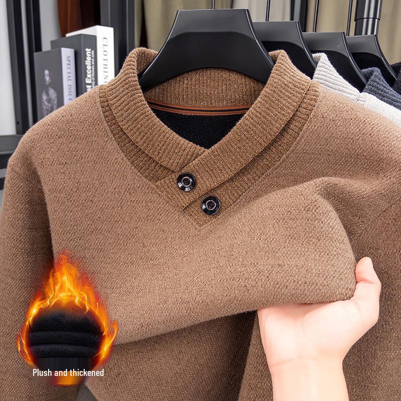 

Men s Mink-Lined Thick Knit Sweater with Winter Scarf Collar - Solid Color Warm Base Layer L (Suggested 120-135) верблюд