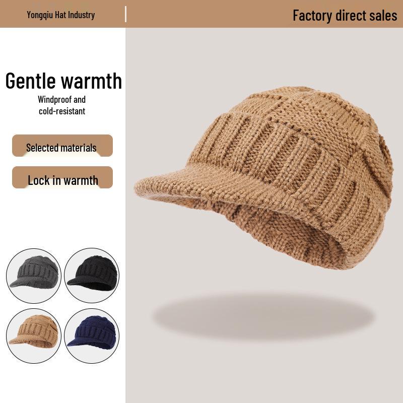Unisex Thick Knit Wool Ski Beanie - Warm Striped Duckbill Hat for Outdoor Winter