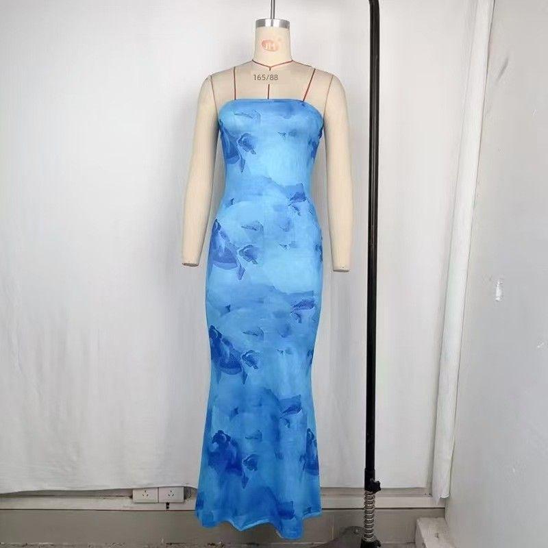 

Fashion Wind New Sexy Tube Top Print Beach Dress Printed Strapless Sexy Dress Blue M