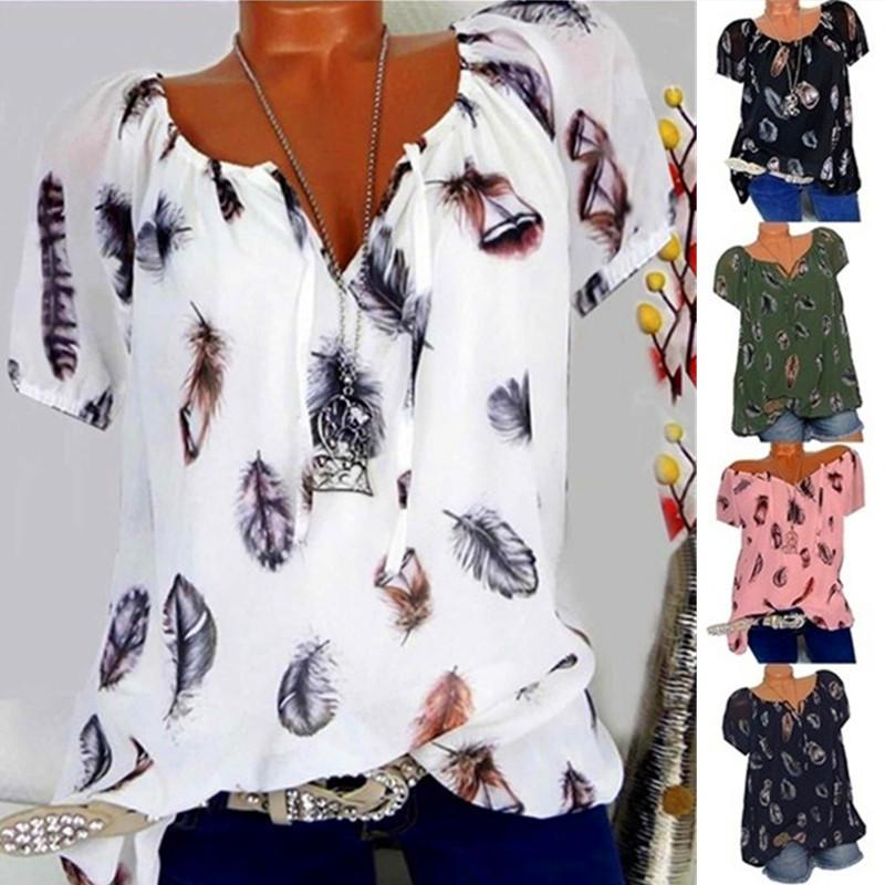 

Новая летняя женская мода плюс размер топы короткий рукав перо принт кружева вверх V-образный вырез с плеча блузка и рубашки