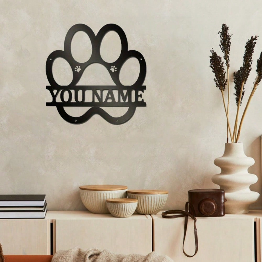 Benutzerdefinierte Hundename Schild Wandkunst Metall Pfotenabdruck Dekor für Tierliebhaber Einzigartiges Geschenk