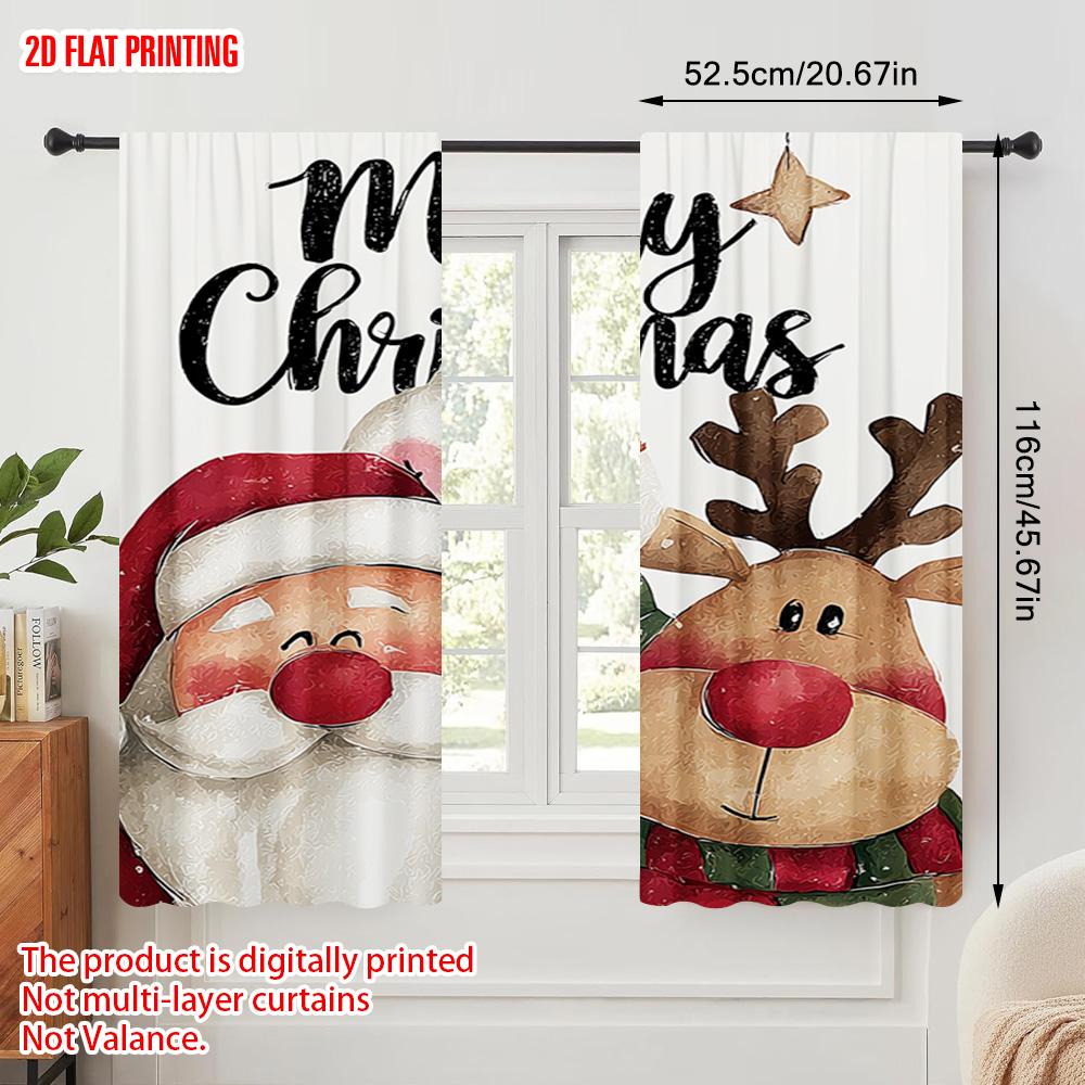 2pcs,2D Plane Printing Window Curtain Santa_ Snowman and Reindeer Polyester Fabric (without Rod) Room Decor Ldeal for Bedroom,