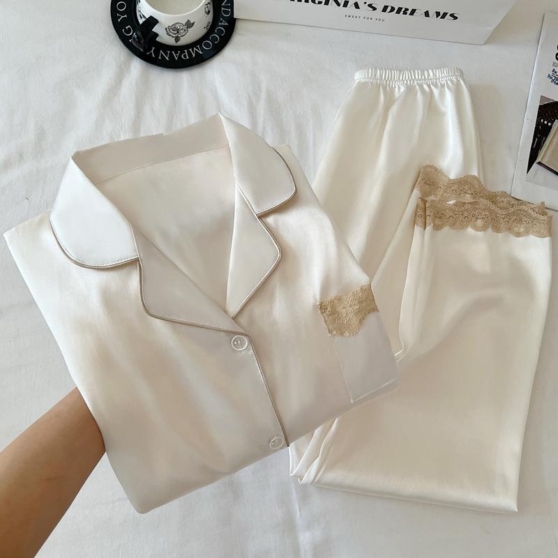 

Женский весенне-осенний комплект ночной одежды из ледяного шелка, роскошная кружевная отделка, с длинными рукавами, легкая домашняя одежда, реальные фотографии товара 2XL